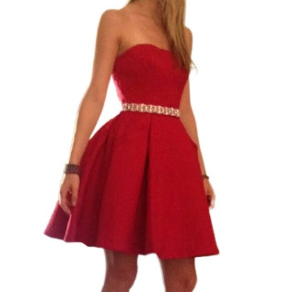 Sherri Hill Red Formal Homecoming Prom Dress with Decorative Belt Size 0 - Picture 1 of 11